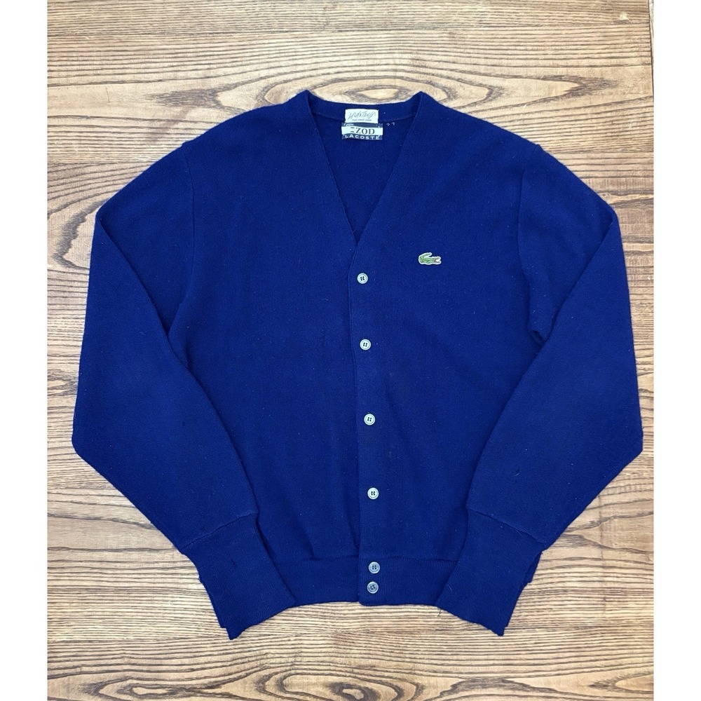 Vintage 70s Izod Lacoste Men's Medium Blue Knit Cardigan Acrylic Button Sweater